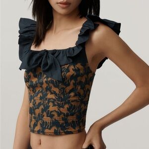Anthropologie Maeve Flutter-Sleeve Navy and Tan Horse Print Crop Top
